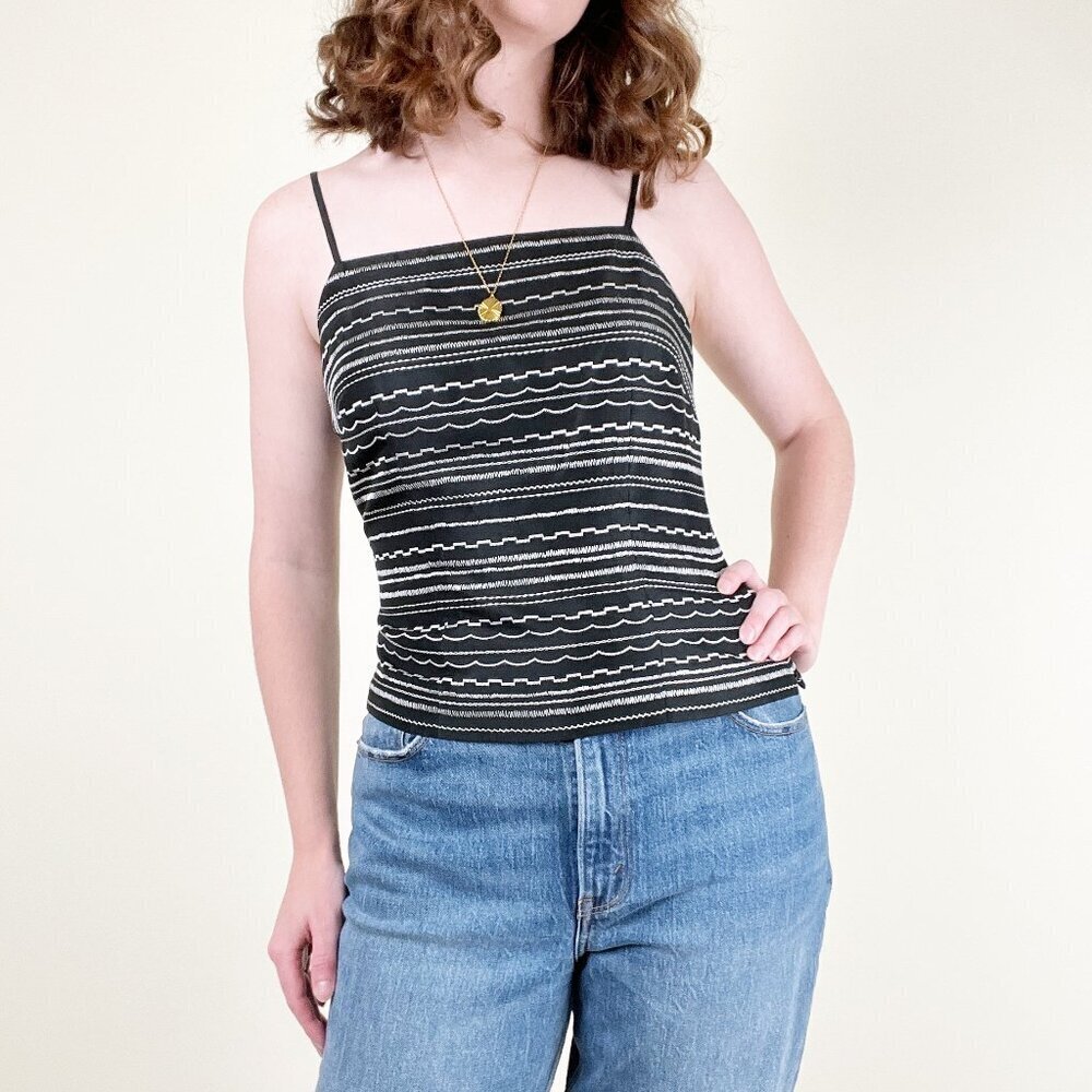 Vintage 90s Y2K 100% Silk Embroidered Tank Top Squared Neck Blouse Cami Shirt